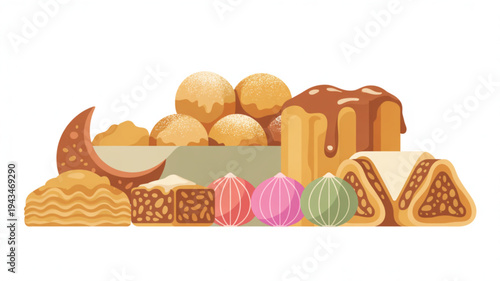 An illustration depicting a colorful assortment of sweet baked goods on display