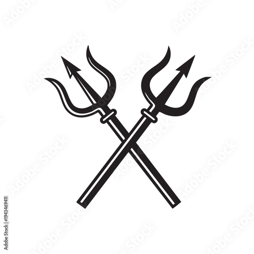 Two crossed tridents icons in a dark illustration style are shown.