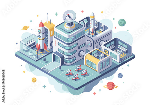 Futuristic spaceport with rockets, control rooms, and spacecraft ready for launch