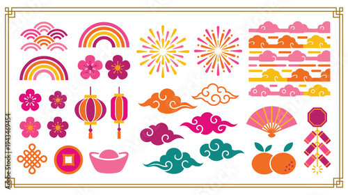 Chinese new year elements collection with lanterns, fireworks, and clouds