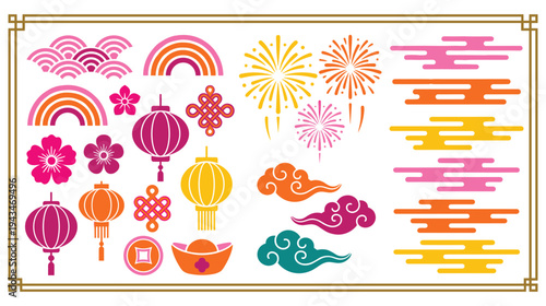 Chinese new year elements collection with lanterns, fireworks, and clouds