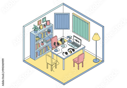 Cozy isometric podcast studio setup with microphone, laptop, and bookshelves