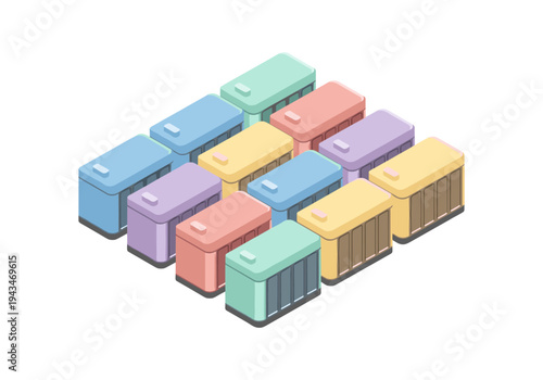 Isometric colorful storage containers arranged in a grid pattern on a white background