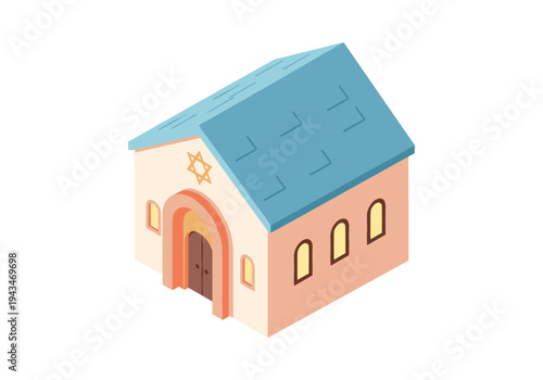 Simple isometric illustration of a small synagogue with a blue roof and star of David emblem