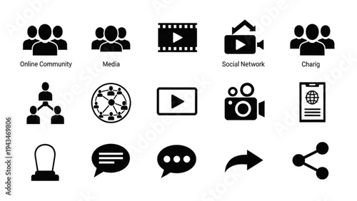 Vector icon sheet of people interacting with media and social networks