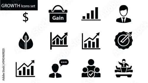 Vector icon sheet depicts business growth and financial gain symbols
