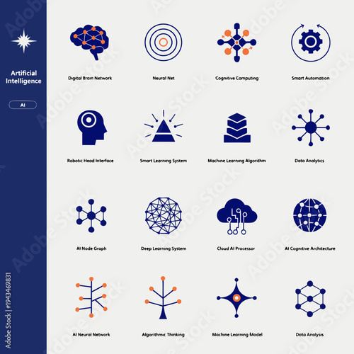 Artificial intelligence concepts and technologies icons set with neural networks machine learning and data analysis symbols