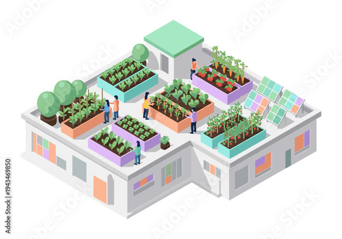 Urban rooftop garden with people tending to vegetables and solar panels providing clean energy