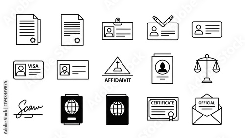 Vector Icon Sheet of Various Legal Documents and Security Symbols