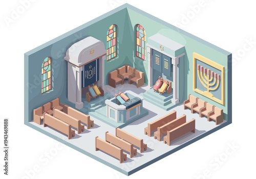 Isometric view of a synagogue interior with Torah scrolls, benches, and stained glass windows