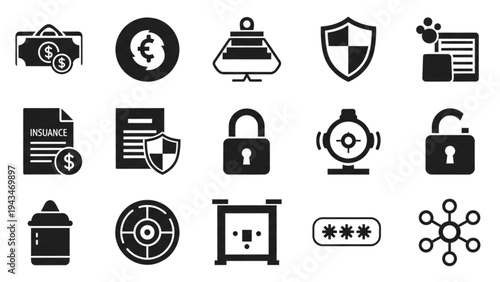 Vector Icon Sheet of Various Security and Finance Symbols on White