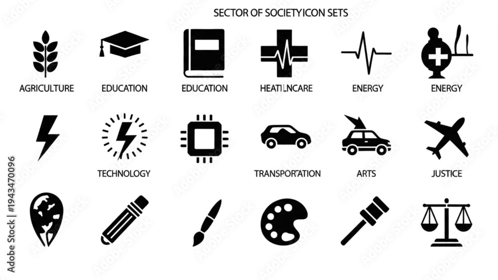 Fototapeta premium Vector Icon Sheet of Various Sector of Society Symbols