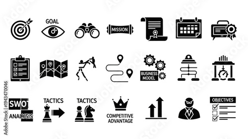 Vector icon sheet illustrates business strategy and competitive advantage