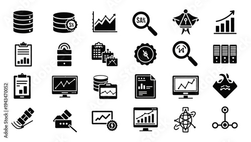 Vector icon sheet displays various business analytics and data visualization symbols