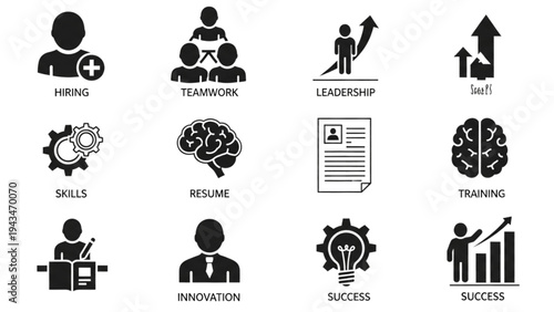 Vector icon sheet illustrating business concepts with leadership skills