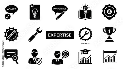 Vector icon sheet showcases expertise with business and competency symbols