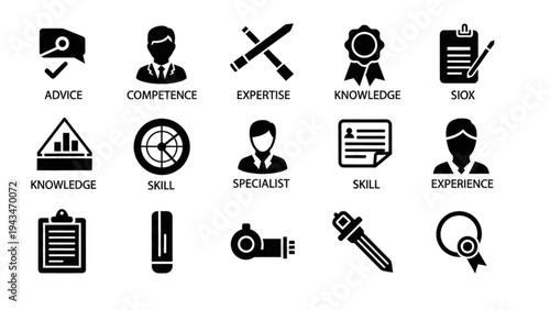 Vector icon sheet illustrating expertise and skills with various symbols