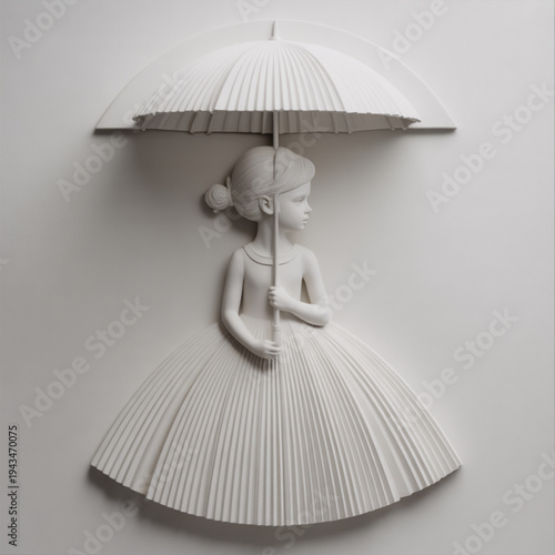 A girl in a white dress holds an umbrella on a wall.