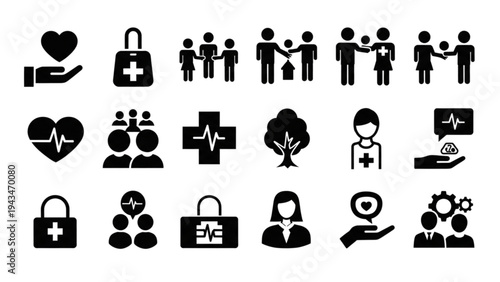 Vector icon sheet of people receiving medical care and health services