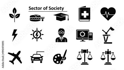 Vector Icon Sheet Illustrates Various Aspects of Modern Society Sectors
