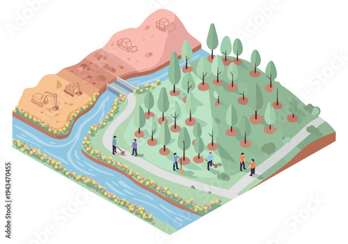Isometric illustration of environmental restoration and construction project by a river