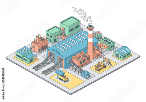 Isometric factory complex with conveyor belts and trucks, illustrating industrial production processes