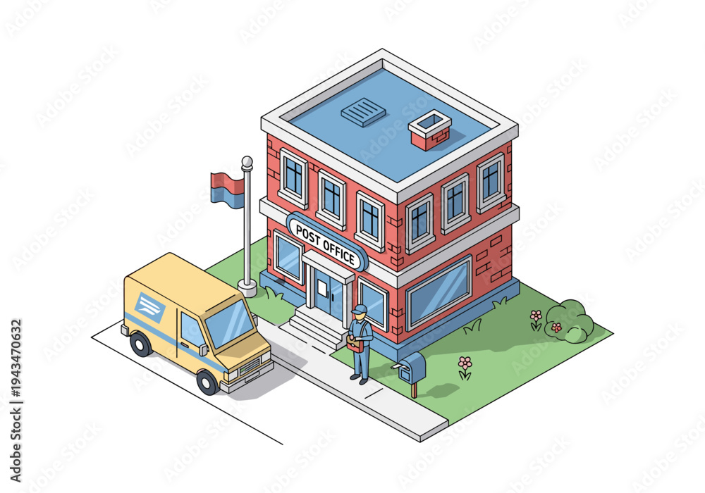Fototapeta premium Isometric post office building with delivery van and postal worker on duty