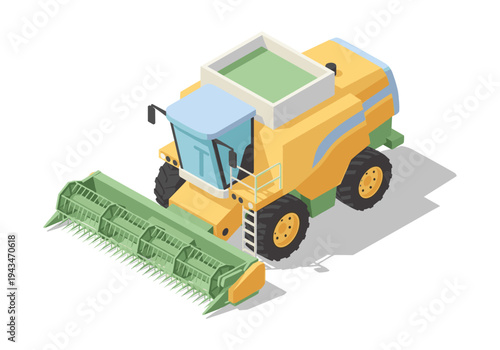 Modern yellow combine harvester with green header, isolated on white background, isometric view