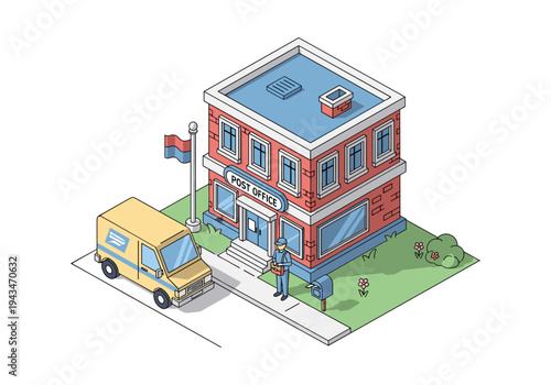 Isometric post office building with delivery van and postal worker on duty
