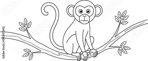 Monkey sitting on tree branch with leaves line black and white cartoon