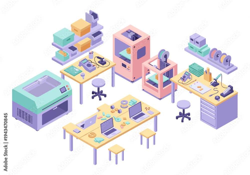 Fototapeta premium Isometric 3D printing and electronics workshop with tools and equipment