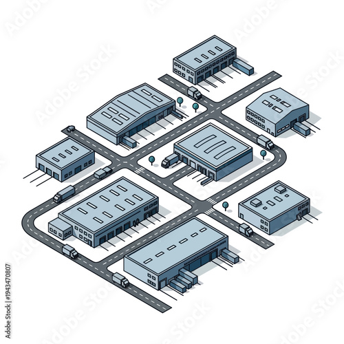 Isometric illustration of a modern industrial park with warehouses, loading docks, and delivery trucks on a road network.