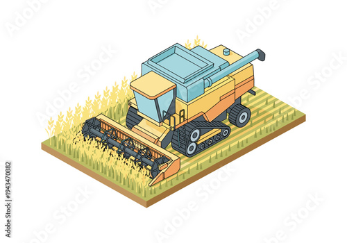 Isometric combine harvester working in a golden wheat field, agricultural machinery illustration