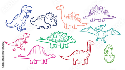 
Colorful Dinosaur Icon Set — T-Rex, Triceratops, Brachiosaurus, Stegosaurus, Pterodactyl Line Art