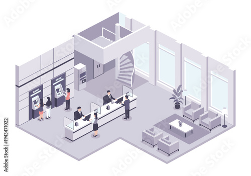 Isometric bank interior with customers using ATMs and interacting with tellers at counters