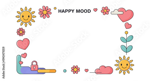 Colorful illustration of a happy mood frame with smiling suns, hearts, flowers, and clouds on a blank white background for International Day of Happiness