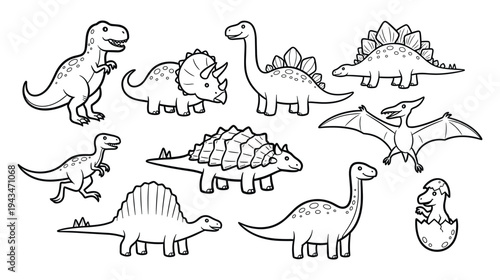 Dinosaur Icon Set — T-Rex, Triceratops, Brachiosaurus, Stegosaurus, Pterodactyl Outline Line Art