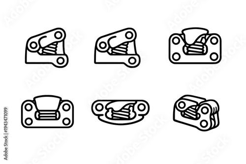 Six minimalist line art icons depicting mechanical hinges and industrial hardware components from multiple angles, presented in a clean black and white technical illustration style.