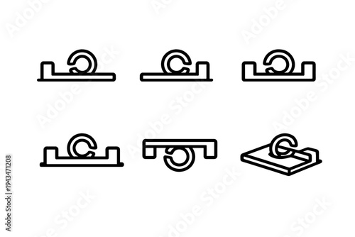 A set of six minimalist line art icons depicting a circular token or coin being inserted into a slot on a flat rectangular base from various angles and perspectives.