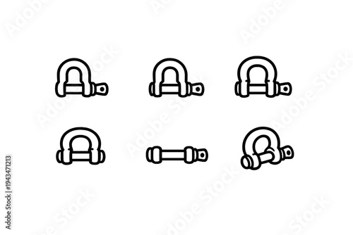 A collection of six black and white line icons depicting various types of shackles and rigging hardware. The set includes different views and components of heavy duty metal connectors.