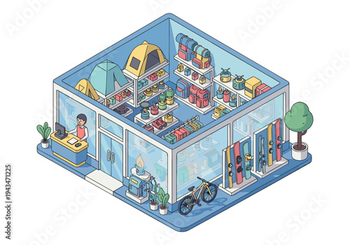 Isometric outdoor gear store interior with camping equipment, backpacks, skis, and a bicycle
