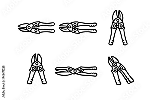 This set features six minimalist black and white line art icons of garden shears. The illustrations show the pruning tools in different orientations and both open and closed.