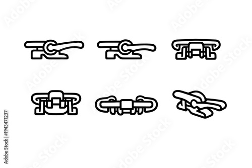 A collection of six black and white line icons depicting various industrial mechanical latches and toggle clamps. The minimalist outline style shows technical hardware components.