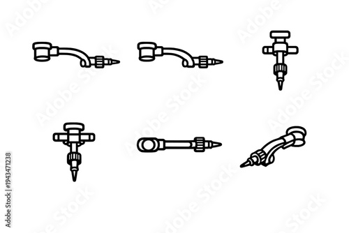 Six minimalist line art illustrations of a construction jackhammer shown from multiple perspectives and orthographic views, presented as white outlines on a dark background.