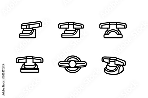 This set features six stylized line icons of a classic rotary telephone shown from different angles. The minimalist white outlines contrast sharply with the dark black background.