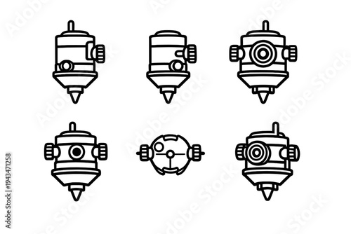 Six minimalist white line drawings of futuristic robotic heads and mechanical helmet designs are displayed in a grid pattern against a solid black background.