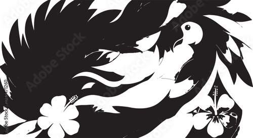 Abstract Black and White Artistic Illustration of a Toucan and Hibiscus Flowers with Fiery Feathered Mane.