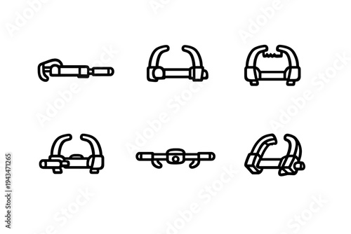 This set features six distinct technical line art icons of industrial clamps and mechanical fasteners, presented in a grid layout against a dark backdrop.