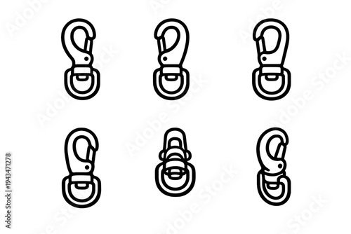 Six minimalist white line drawings of an abstract character are arranged in two rows on a solid black background. Each figure shows a slightly different pose or variation of the form.