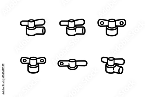 This set features six minimalist line art illustrations of industrial wing nuts and valve handles, presented from multiple angles on a plain white background.